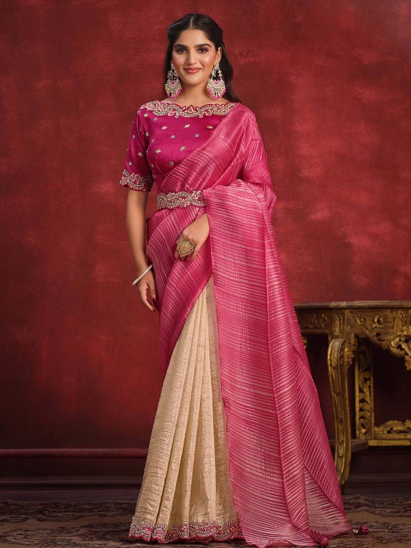 Shaded Pink Banarasi Crush Silk Saree With Stitched Blouse